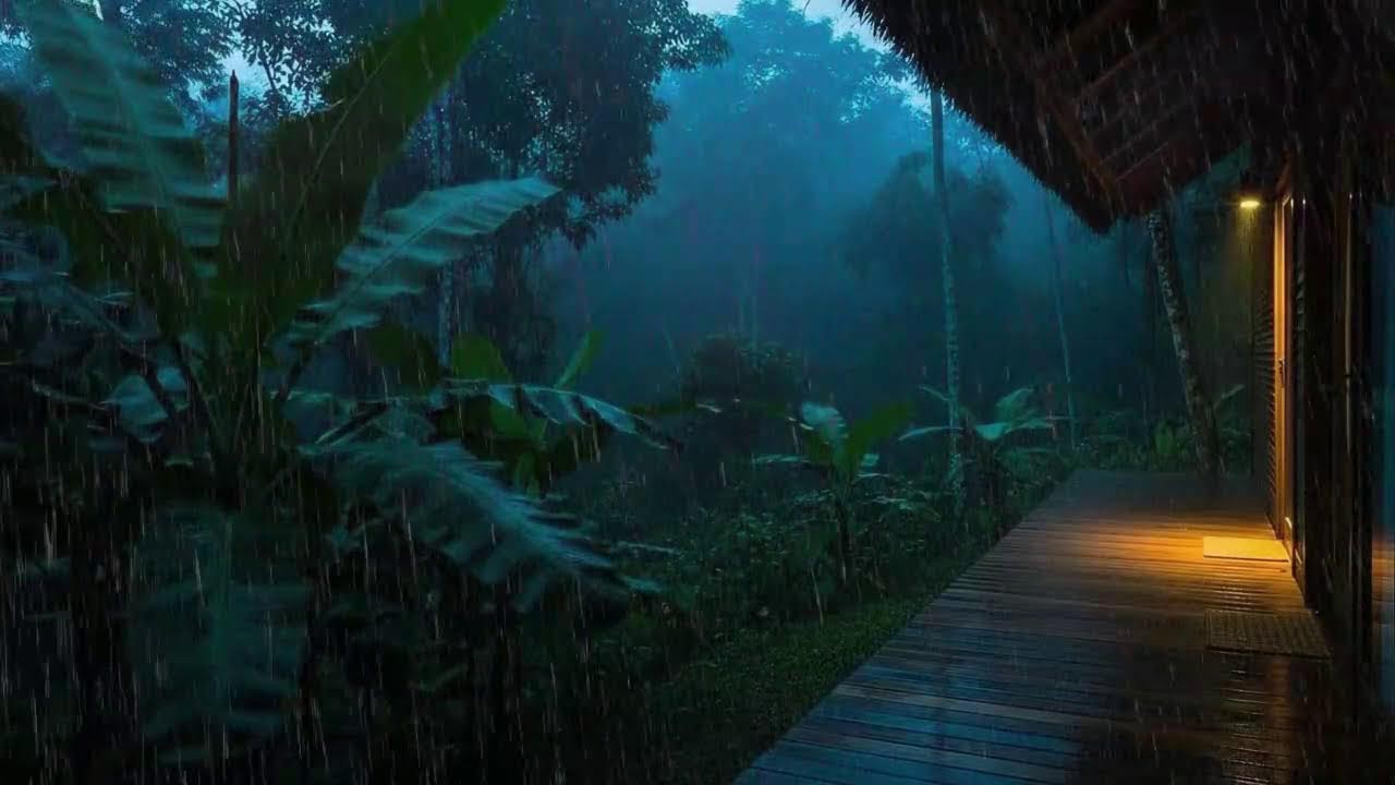 Deep Sleep Tonight with Calm Rainfall and Rolling Thunder Murmur at Forest Cabin Terrace 🌧️