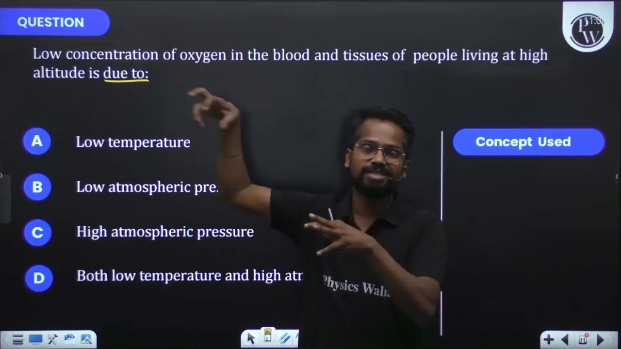 Low concentration of oxygen in the blood and tissues of people living at high altitude is due to....