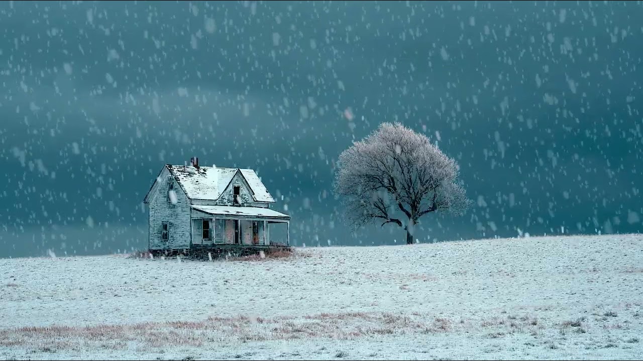 Peaceful snowfall beside an old house at night | Winter ambience for deep sleep and calm mind