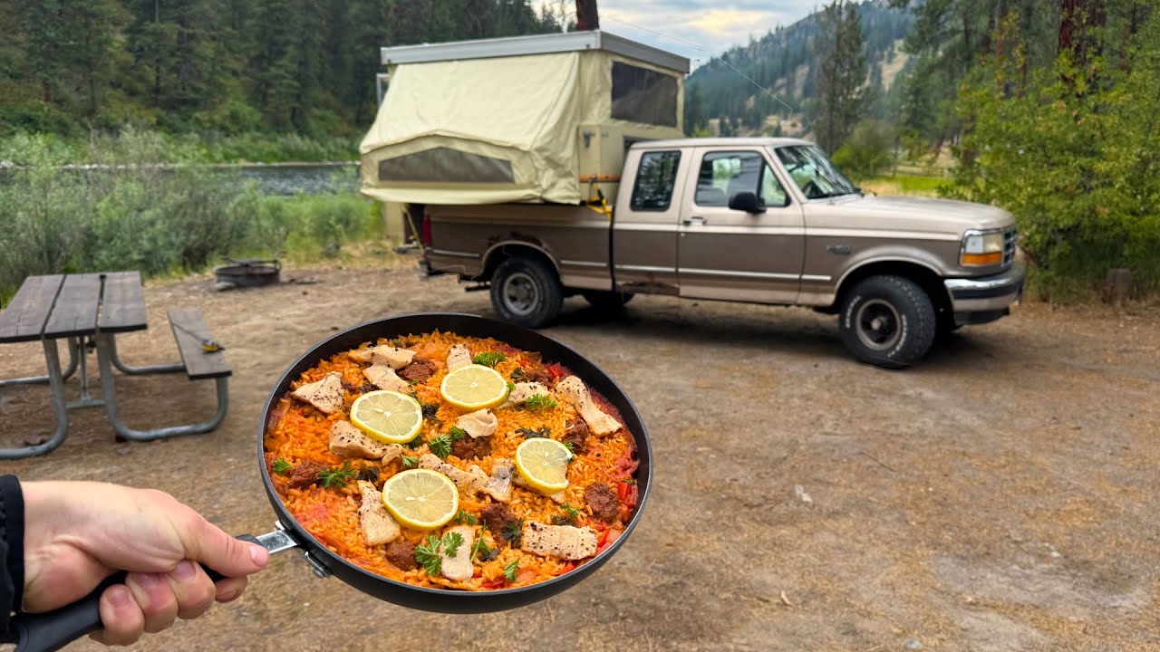 Overnight Riverside Truck Camping - Brown Trout Paella