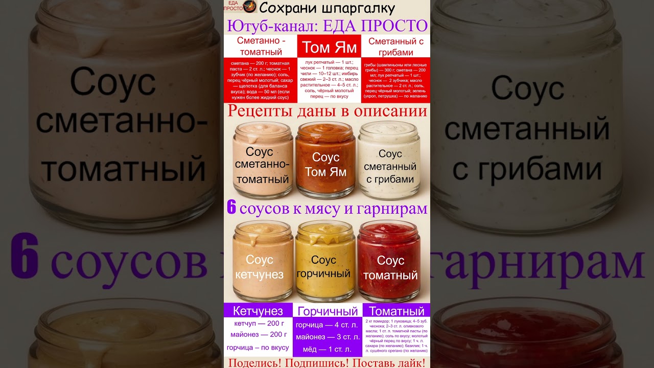 6 СОУСОВ К МЯСУ И ГАРНИРАМ легко и просто по удобной шпаргалке  #едапросто #соускмясу #соус #соусы