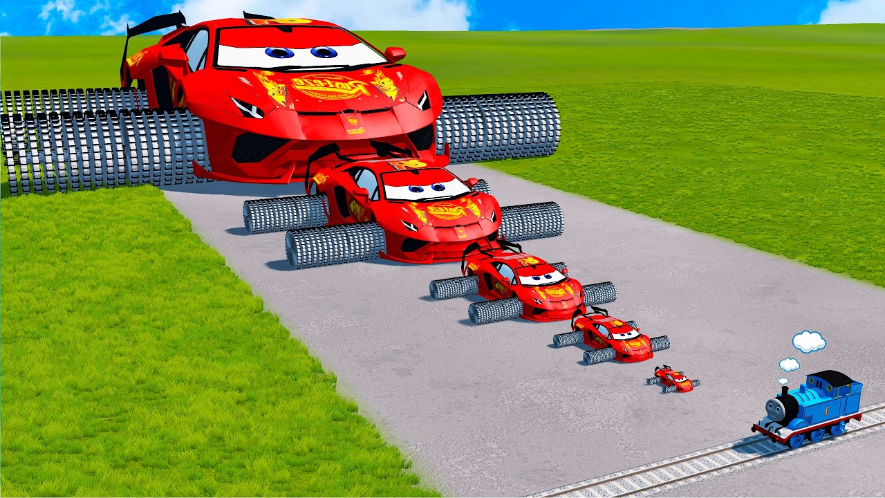 Big & Small Lamborghini Mcqueen with Saw Wheels - Slide Color vs Stairs | BeamNG.Drive