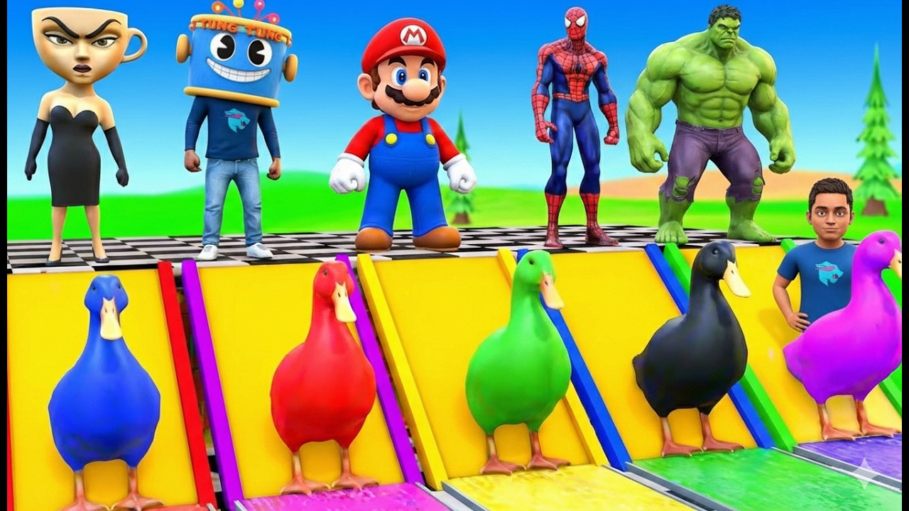 Playing as Spiderman in Long Slide Game with Cow Elephant Gorilla Hippo Tiger. Funny 3d Animal Game