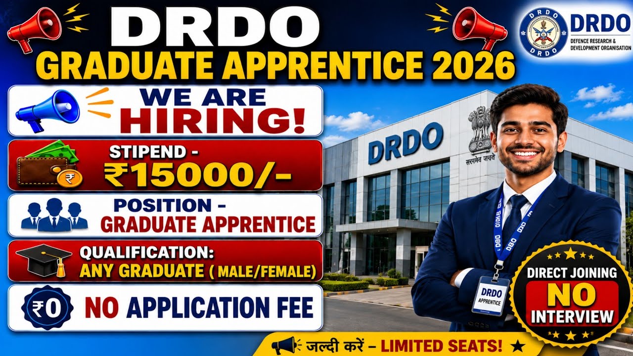 DRDO Graduate Apprentice Recruitment 2026 | ₹15000 Stipend | B.Sc & B.Tech Freshers | Apply for Free