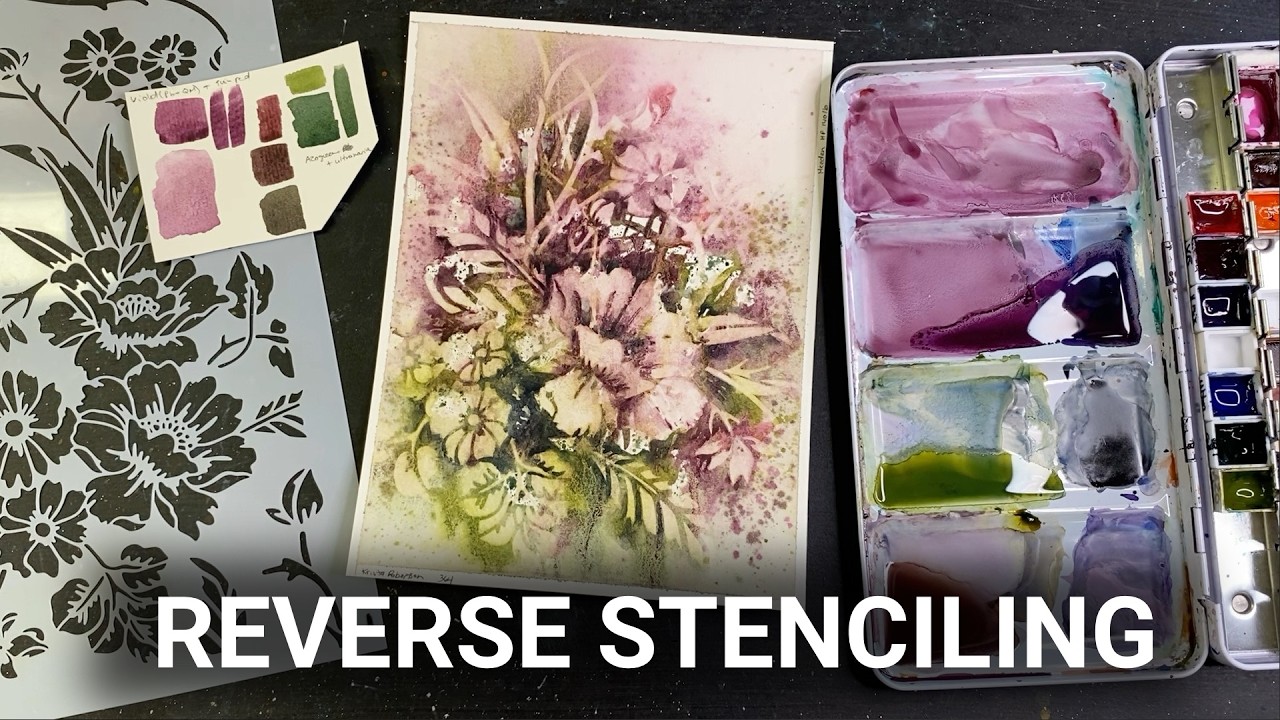 WATERCOLOR Floral & Reverse Stenciling - relaxing real time painting process - 364