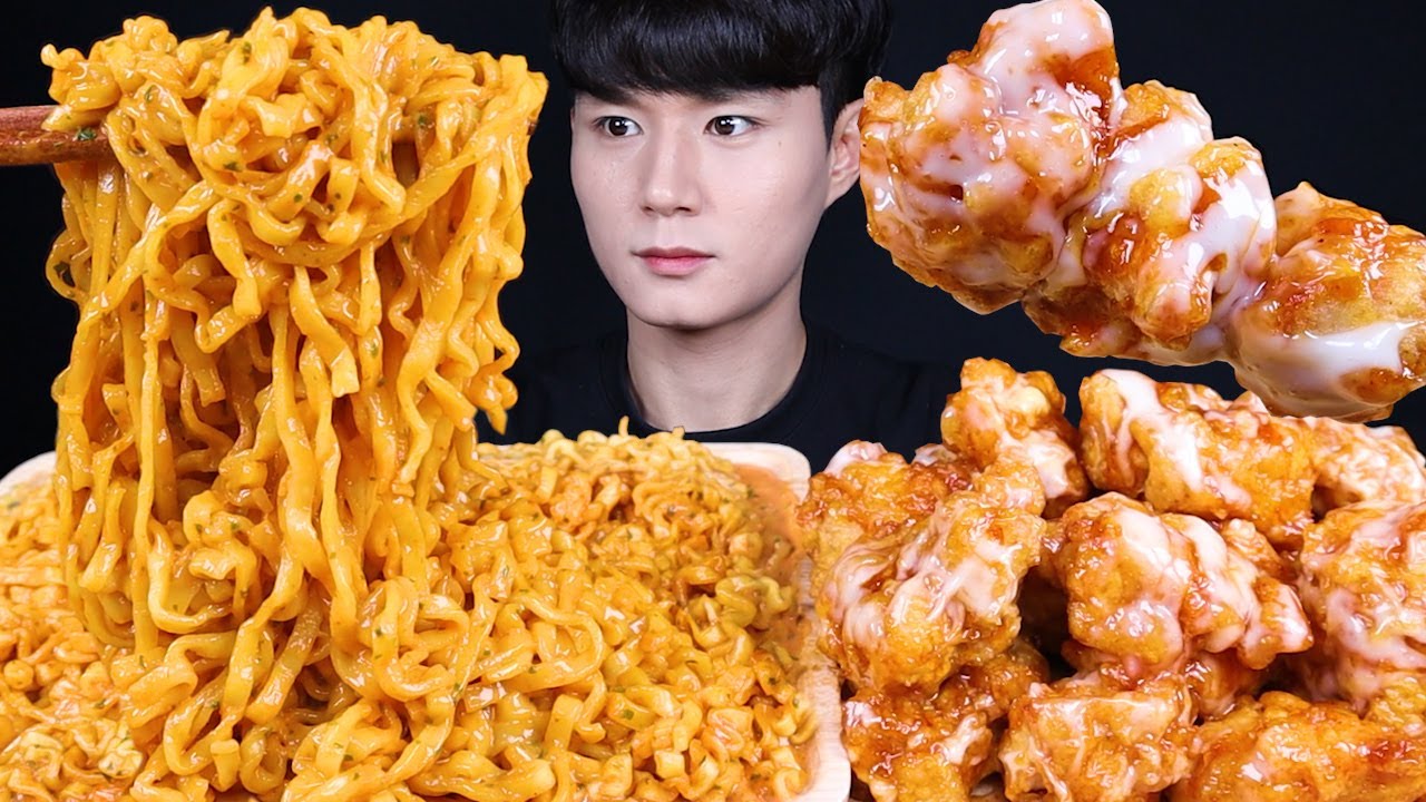 까르보 불닭볶음면 슈프림양념 치킨 먹방ASMR MUKBANG SPICY FIRE NOODLES & SWEET CHICKEN 辛いラーメン 甘いチキン eating sounds