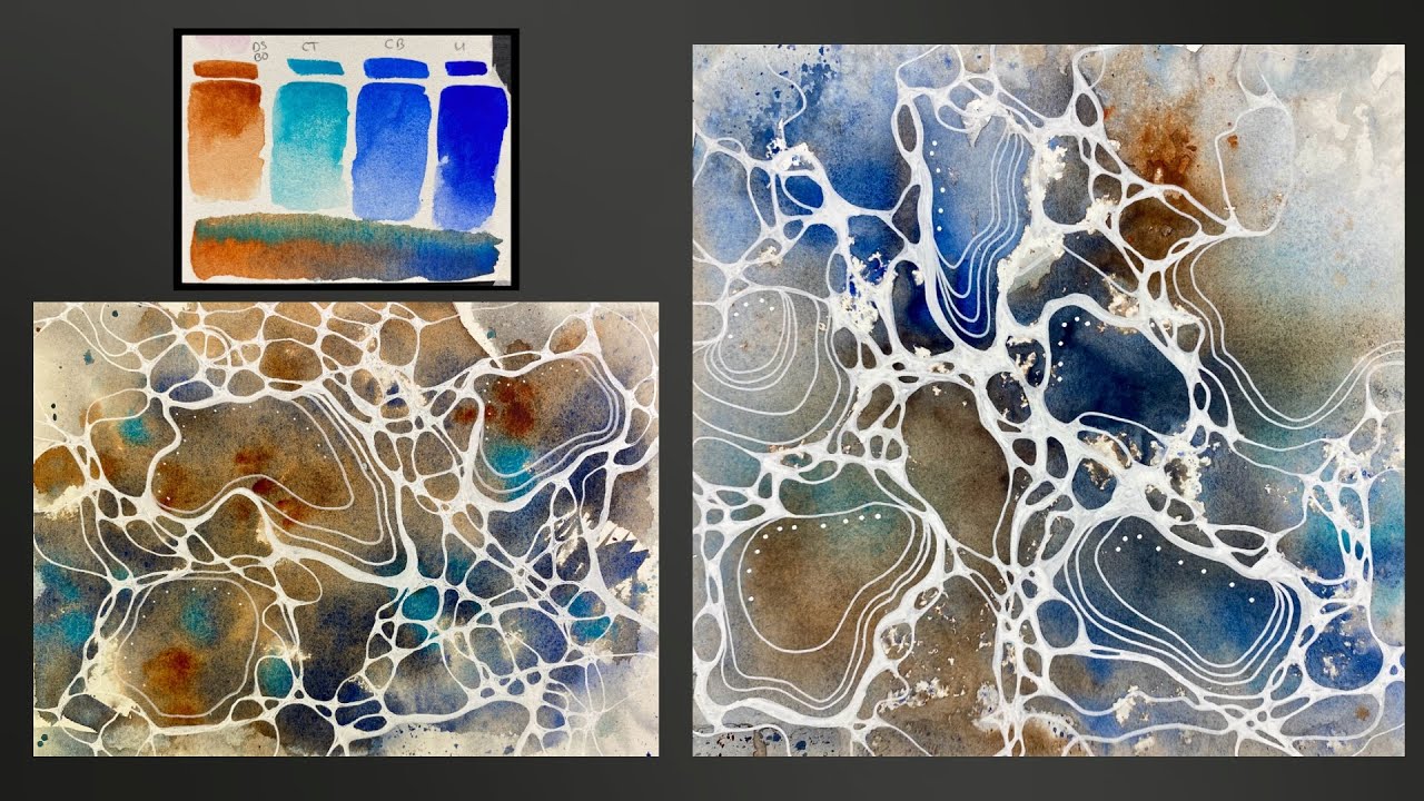 Abstract white lines over WATERCOLOR - 2 paintings on different paper - 337