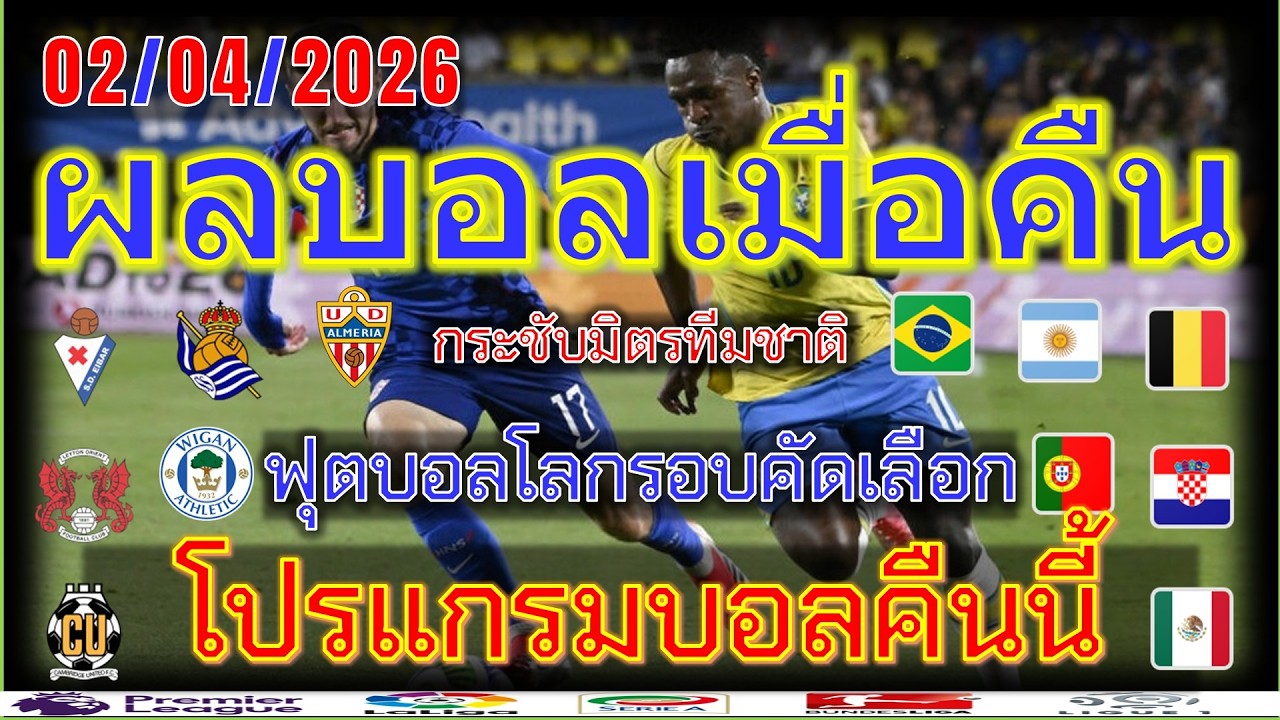 ผลบอลเมื่อคืน-โปรแกรมบอลคืนนี้/ฟุตบอลโลกรอบคัดเลือก/กระชับมิตรทีมชาติ/ลีก้า2สเปน/ลีกวัน/2/4/2026