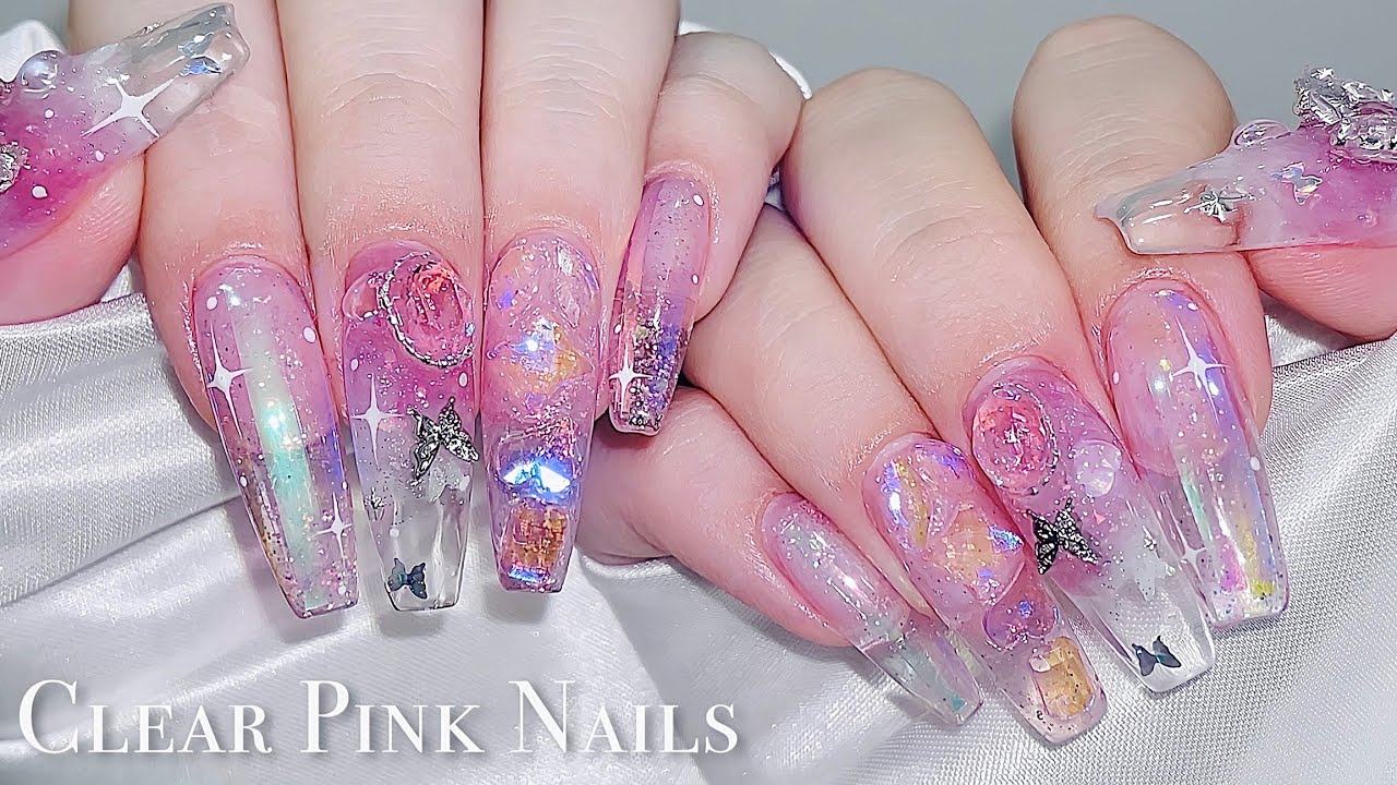 sub) прозрачные розовые ногти💖/🇰🇷Корейский маникюр / Ледяные ногти / Ногти Аврора / нейл-арт / ASMR