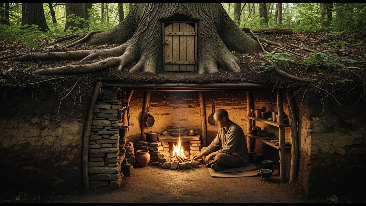 Bau eines geheimen und warmen Unterschlupfs unter einem riesigen, uralten Baum | Bushcraft