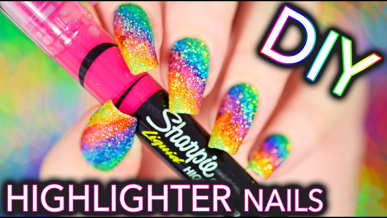 DIY Sparkly Highlighter Rainbow nails!!!