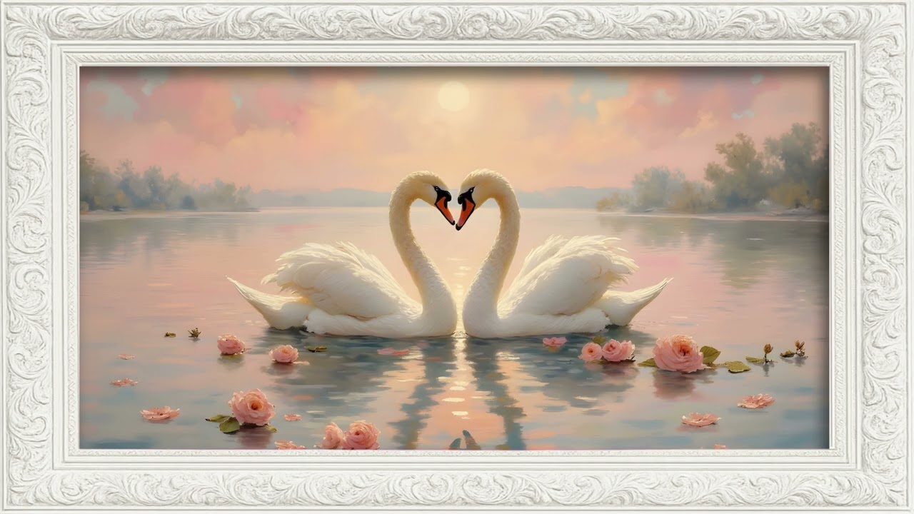 Romantic Swans on Floral Lake Valentine Painting 4K Frame TV Art | Relaxing Screensaver