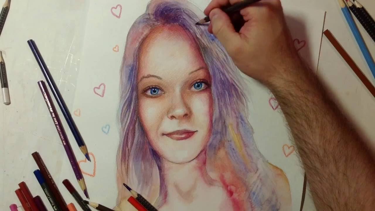 Drawing Portrait of Beautiful Girl Timelapse - Портрет девушки акварелью и цветными карандашами