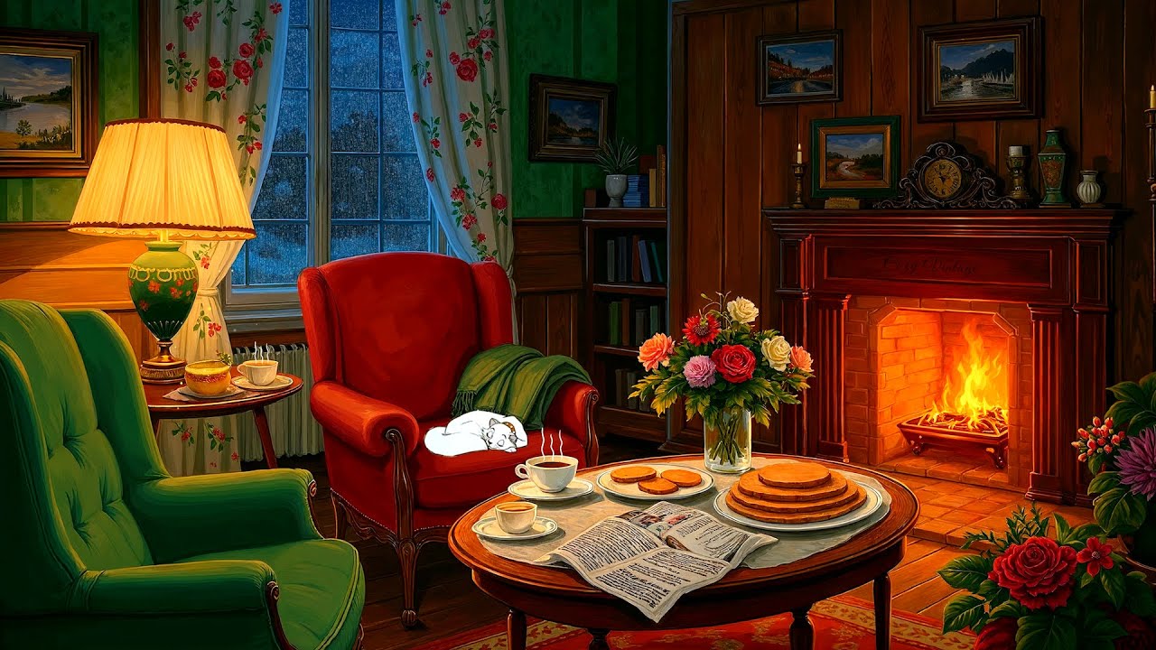 it's rainy night in 1940's with soft oldies playing in another room (fireplace & rain sounds)