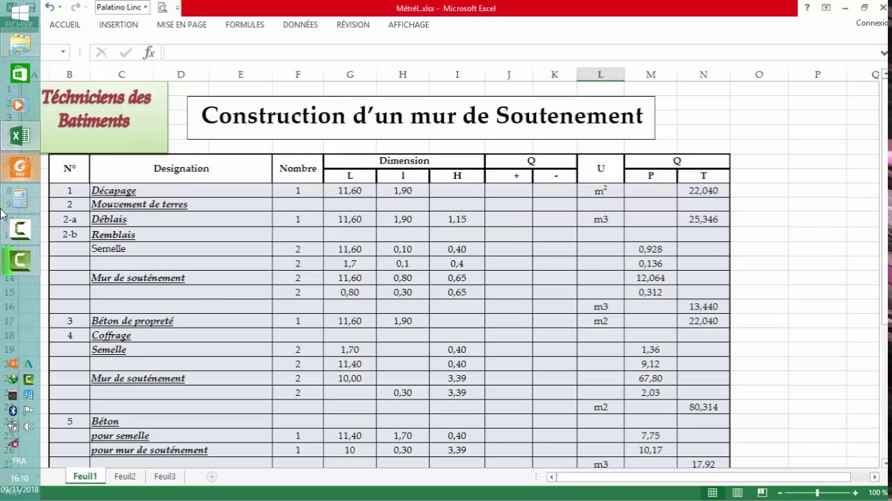 Exercice de Métré Mur de soutènement 2