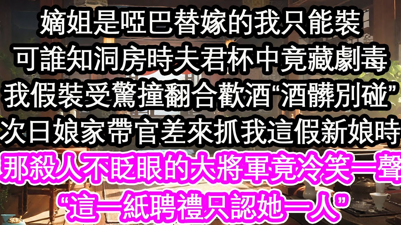 嫡姐是啞巴替嫁的我只能裝可誰知洞房時夫君杯中竟藏劇毒我假裝受驚撞翻合歡酒“酒髒別碰”次日當娘家帶官差來抓我這假新娘時那殺人不眨眼的大將軍竟冷笑一聲“這一紙聘禮只認她一人”【花開】【愛情】【生活】