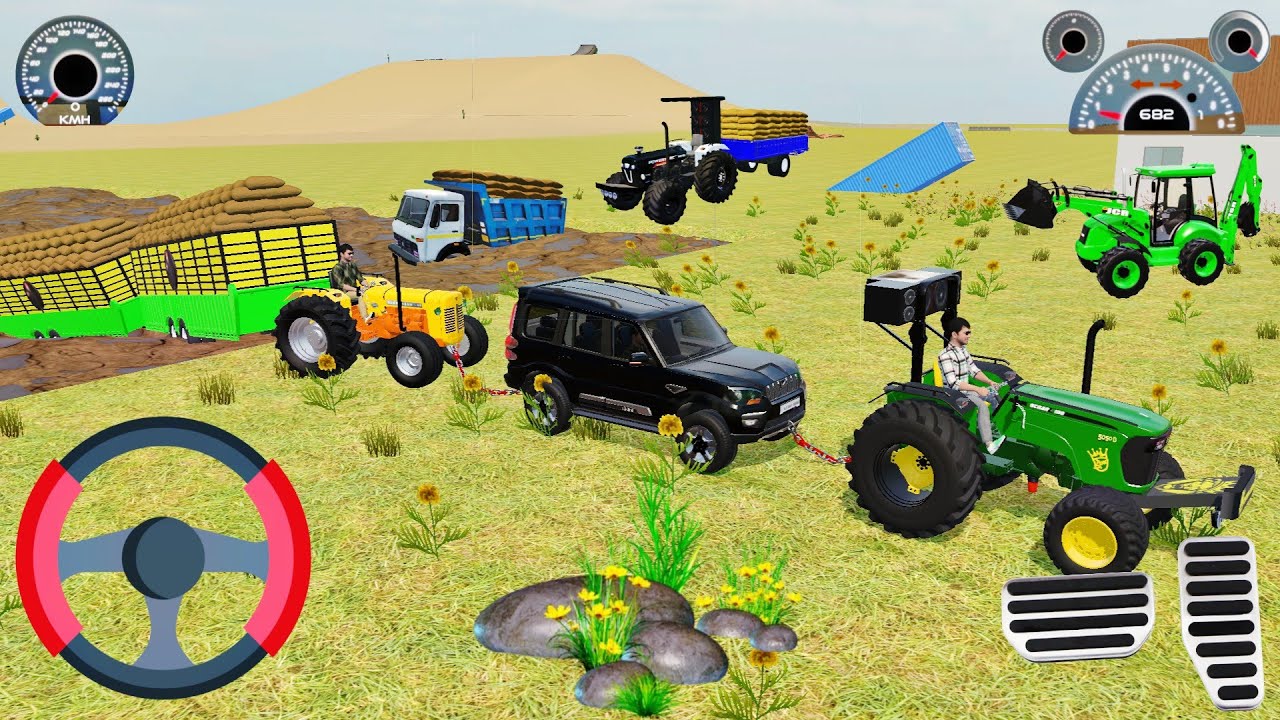 Big trolleyas Stuck in mud tractor pull the trolley from mud #mud #tractorvideos #gadiwalagame 