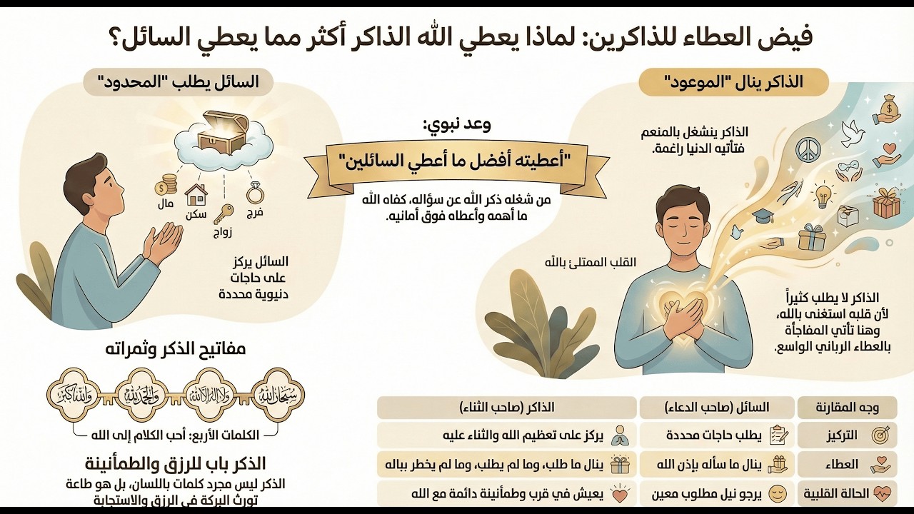 كنوز الذاكرين وفضل الذكر على السؤال - '' إن الله يعطي الذاكرين أكثر مما يعطي السائلين ''