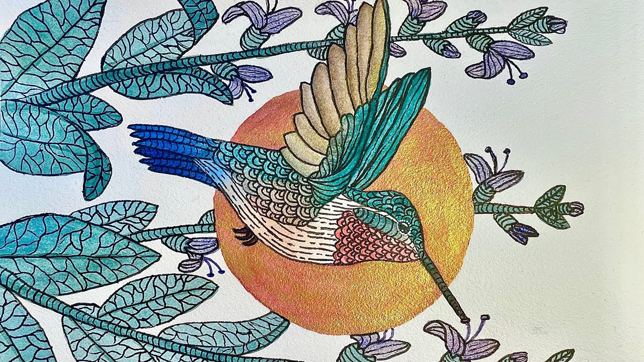 Hummingbird and sage watercolors painting w/ intricate doodle 🌱 4K Doodle/paint along, written guide