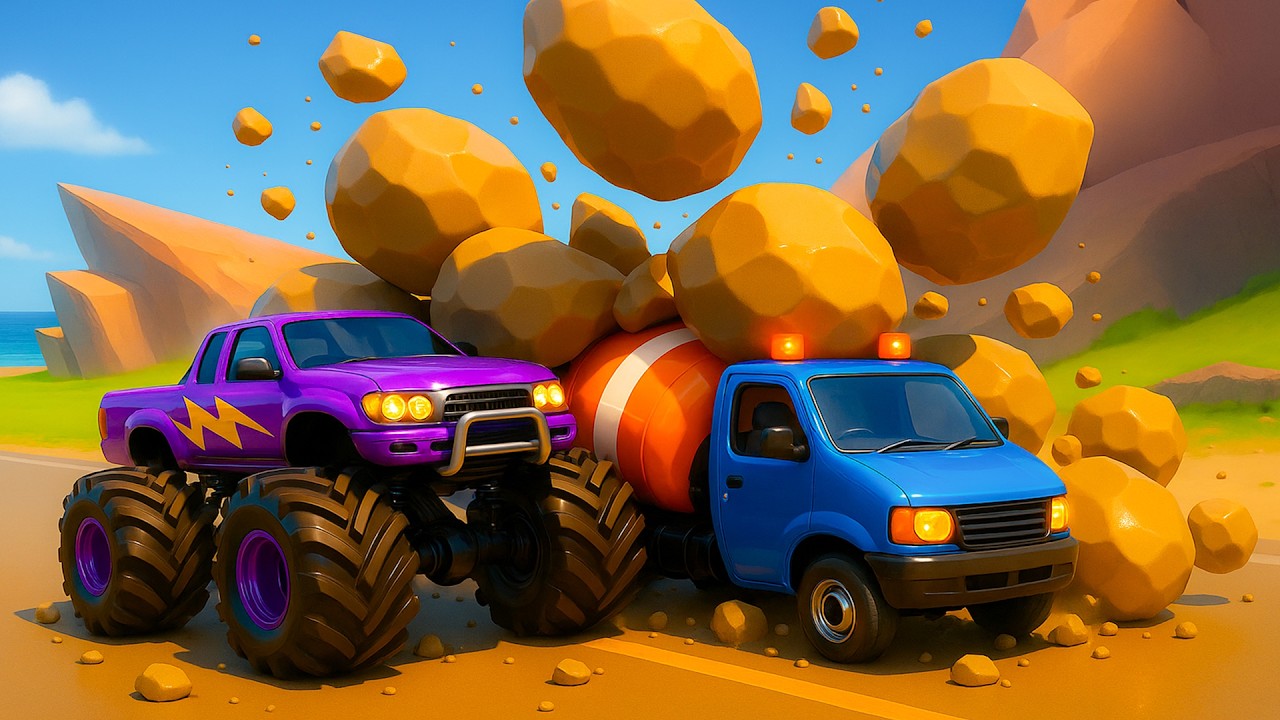 Rockslide Chaos on the Highway 🚧 Monster Truck vs Concrete Truck | Vehicle Animation