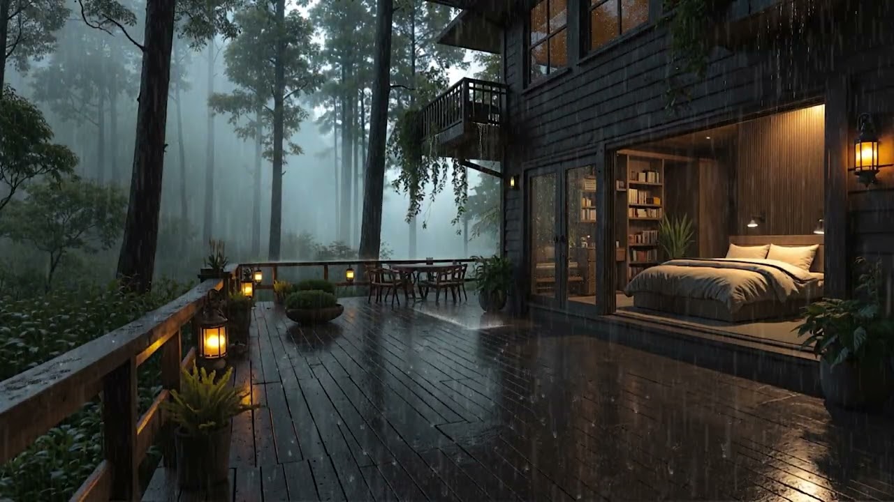 Gentle Rain Around a Woodland Cabin 🌧️ Cozy Indoor Nightscape | 4K – No Ads