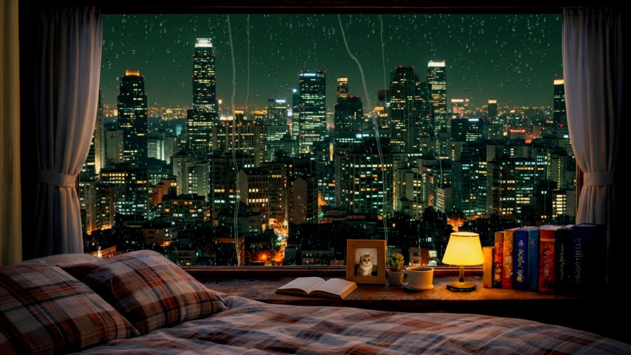 Cozy Rainy Bedroom with City Night View | Sleep Sounds | 3 Hours