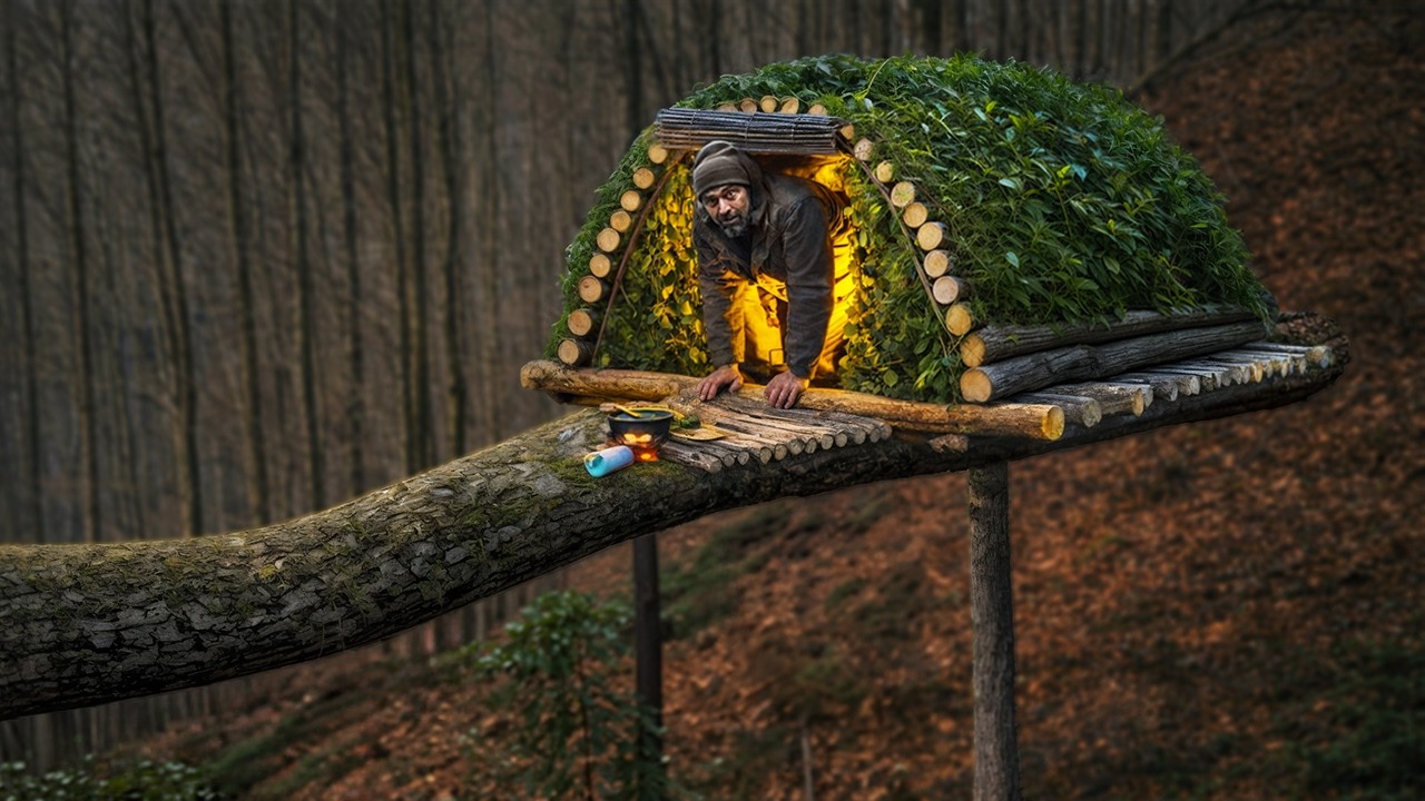 Extreme Bushcraft: Survival Shelter on a Giant Log (Full Build)