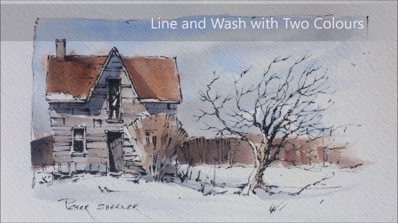 Line and Wash Winter Farmhouse How to draw and paint Old Farmhouse. Peter Sheeler