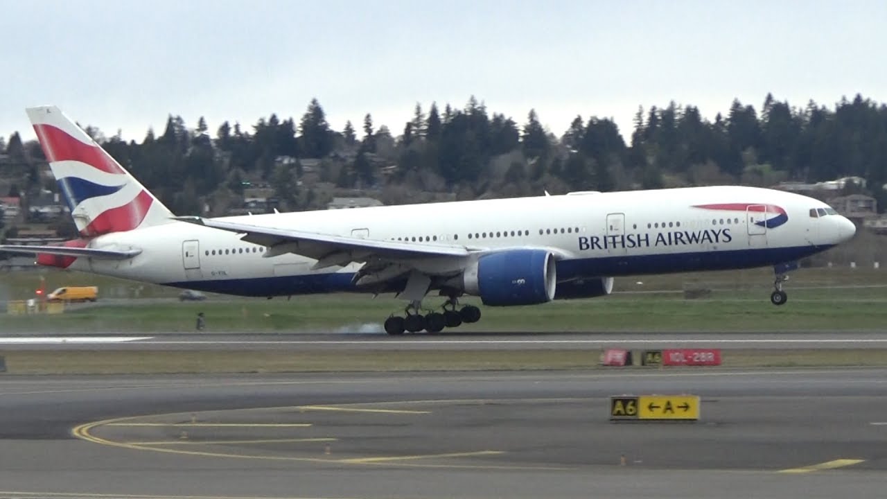 First British Airways Boeing 777 Landing and Takeoff at Portland Airport (PDX)