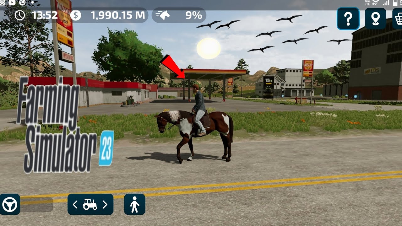 Riding a horse in the FS 23 game.