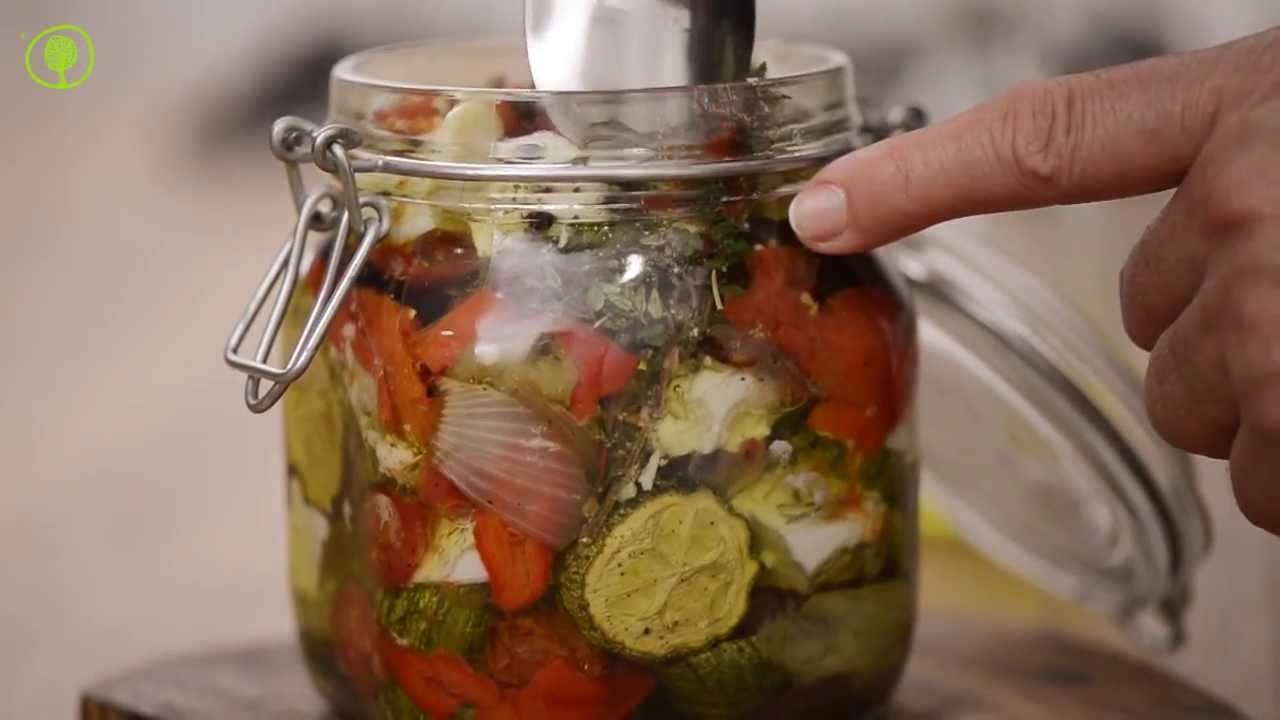 Roasted vegetables and feta cheese, marinated in olive oil and herbs