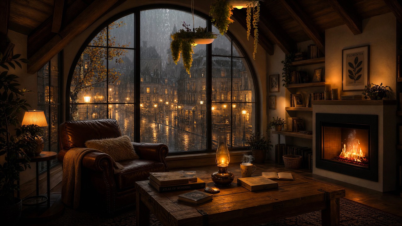 Autumn Evening Jazz 🍂🌧️ Rainy Window Views & Cozy Fireplace Ambience