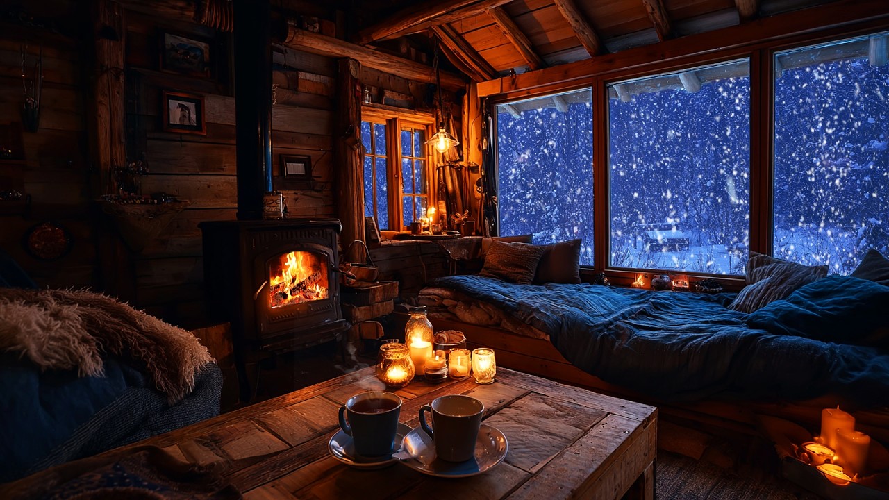 Snow Falling Outside Cozy Cabin Window 🔥 | Peaceful Fireplace Night Ambience (NO ADS)