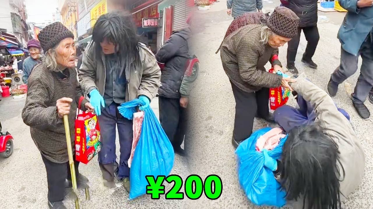 阿義喬裝打扮成乞丐摔倒在道路中央，只有90歲的老大娘顫抖巍巍的扶起他，還給他錢請客吃飯。阿義當場拿紅包禮物給善良大娘！ #乞丐討飯 #搞笑 #正能量 #感人壹幕 #熱門