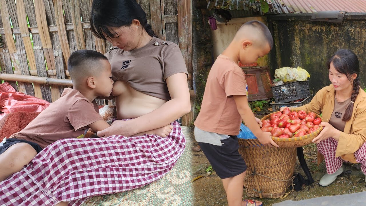 Mother and son go pick fruit to sell to get money to buy rice and supplies for the children.