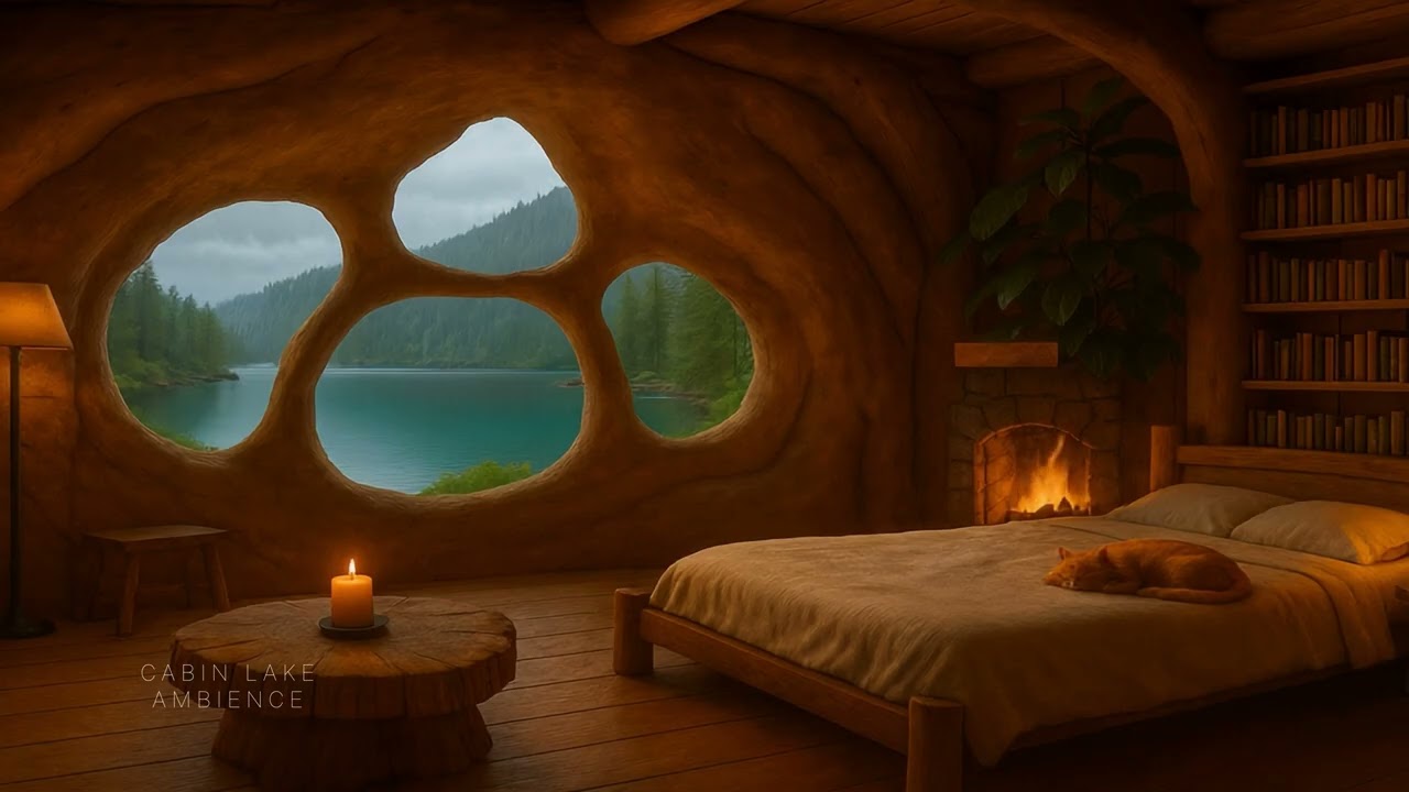 Cabin Lake Ambience #15 | 8H Rain Sounds with Fireplace for Deep Sleep 4K | by Lengau Lee