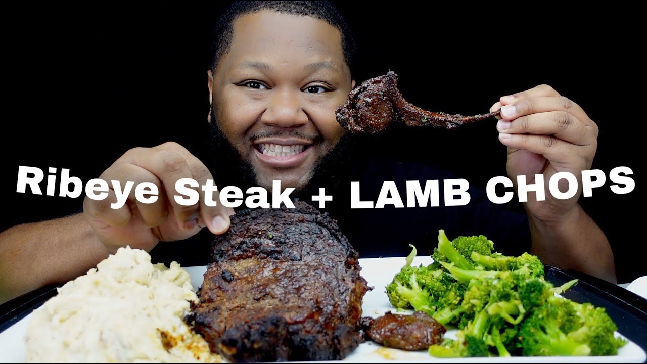 RIBEYE STEAK+ LAMB CHOPS , LOADED MASH |MUKBANG