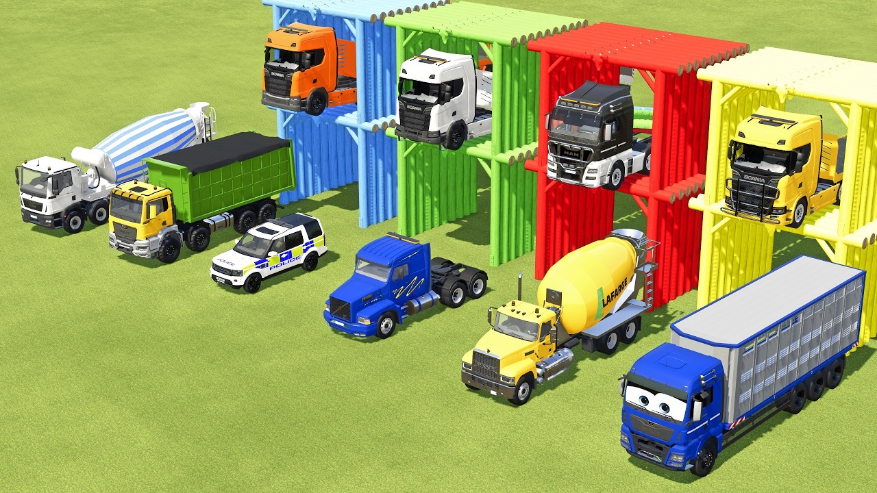 FS22 | BOX TRUCK, MACK CEMENT TRUCK, MAN MIXER TRUCK, POLICE CAR TRANSPORTING TO GARAGE WITH SCANIA