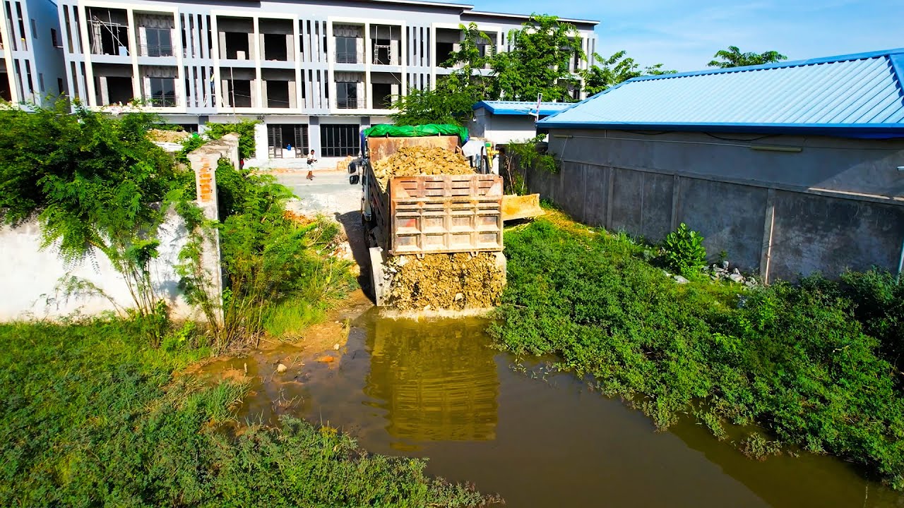 Whole Video Start​ Repair Road Project!! Bulldozer KOMAT'SU D20P Pushing Stone Into Flooded Road