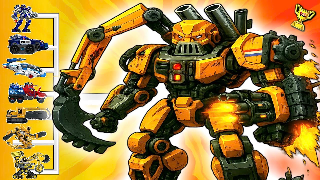 Excavator Titan Awakens – Yellow Mecha Crusher vs Police Machines!
