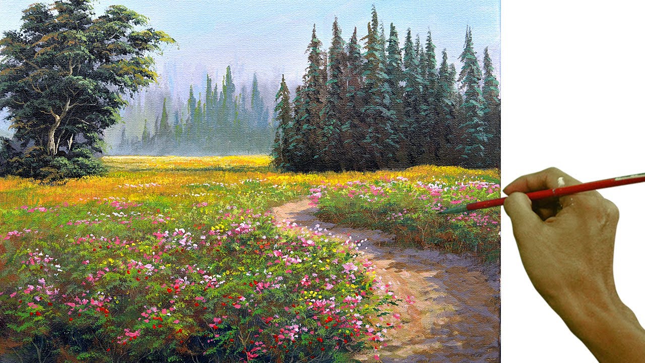 Acrylic Landscape Painting in Time-lapse/ Flower Field / JMLisondra