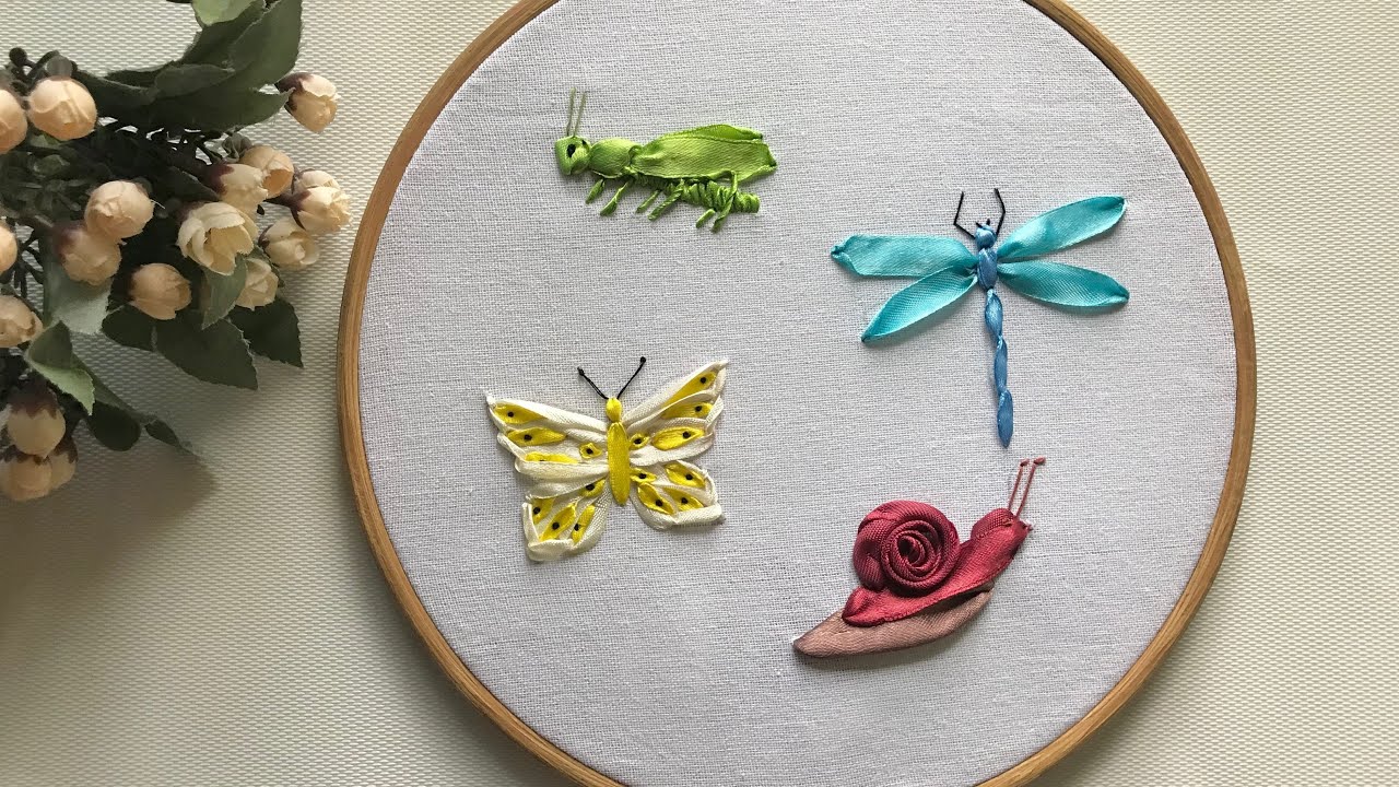 Ribbon embroidery of butterfly, dragonfly,grasshopper & snail | ribbon embroidery tutorial & design