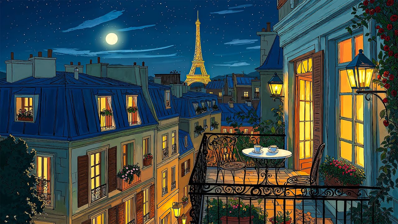 calm night in a 1920s balcony | oldies playing in another room (autumn crickets in Paris)