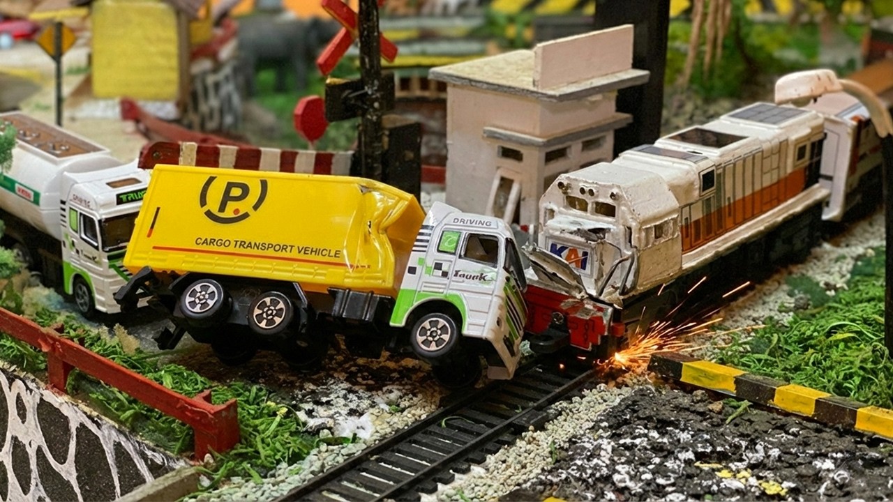 Drama Seru Merakit Kereta Api RC CC201 Gerbong Putih Anjlok Menabrak Truk Box Paket di Perlintasan