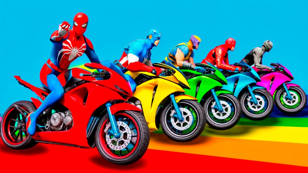 الأبطال الخارقين على القضبان دوامة قمع جسر 🚴‍♂️ SPIDER MAN!on Motorcycle in Spiral Bridge Stunt Rid