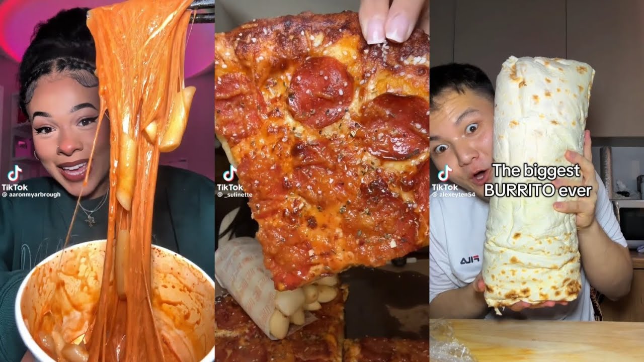 TIKTOK MUKBANG COMPILATION FRIED SUSHI BURGERS CHEESY PIZZA IN BELL DOMINO RAMEN NOODLES 