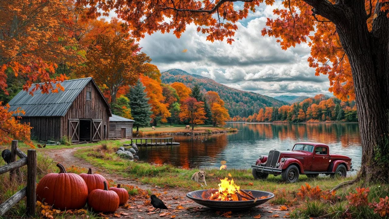 🏞️ Peaceful Fall Countryside Cabin | Crackling Fire, Pumpkins & Scenic Lake Ambience 🍁🚗 | No Ads