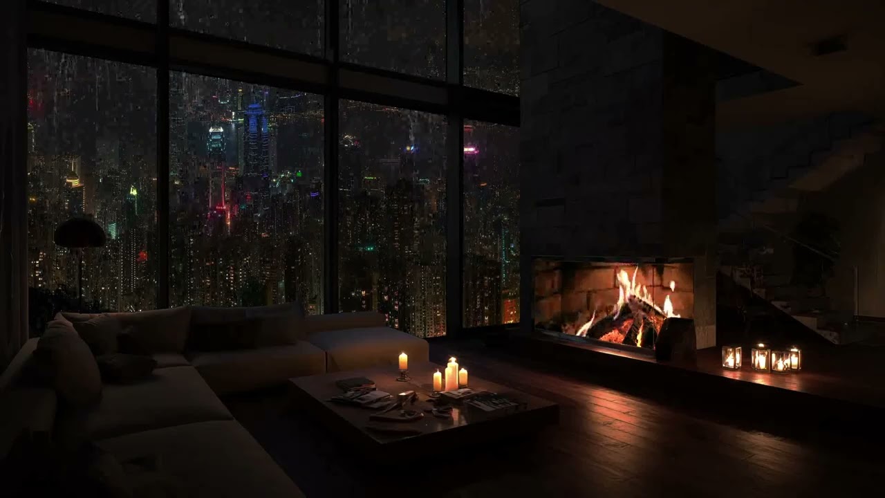 🏙️🔥 City Rain by the Window &ndash; Cozy Fireplace Sounds for Relaxing Sleep
