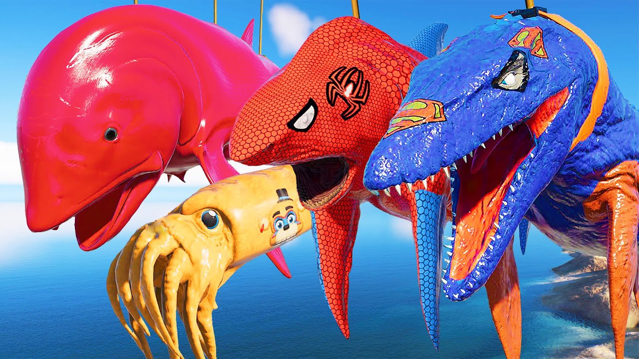 (🦖Jurassic World Evolution2🦕) SpiderMan Megalodon,Superman Mosasaurus,Cameroceras Dinosaurs Fight