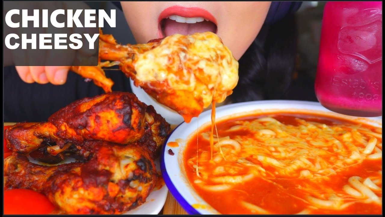 ASMR CHEESY CHICKEN, SPICY SAUCY UDON NOODLES, PINK PITAYA / DRAGON FRUIT JUICE |  咀嚼音 | 먹방